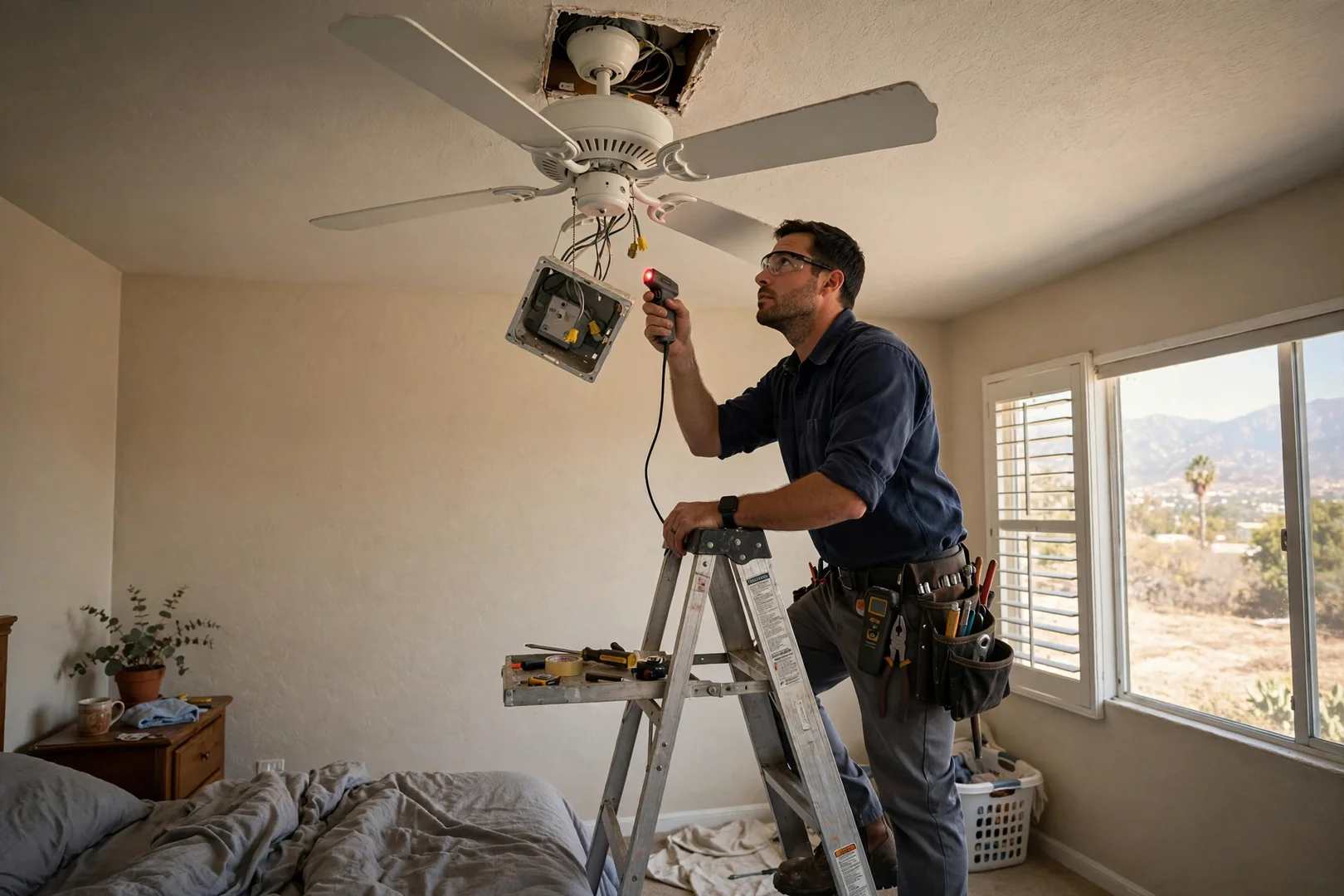 Wobbling ceiling fan with loose canopy exposing an unrated ceiling box in a bedroom