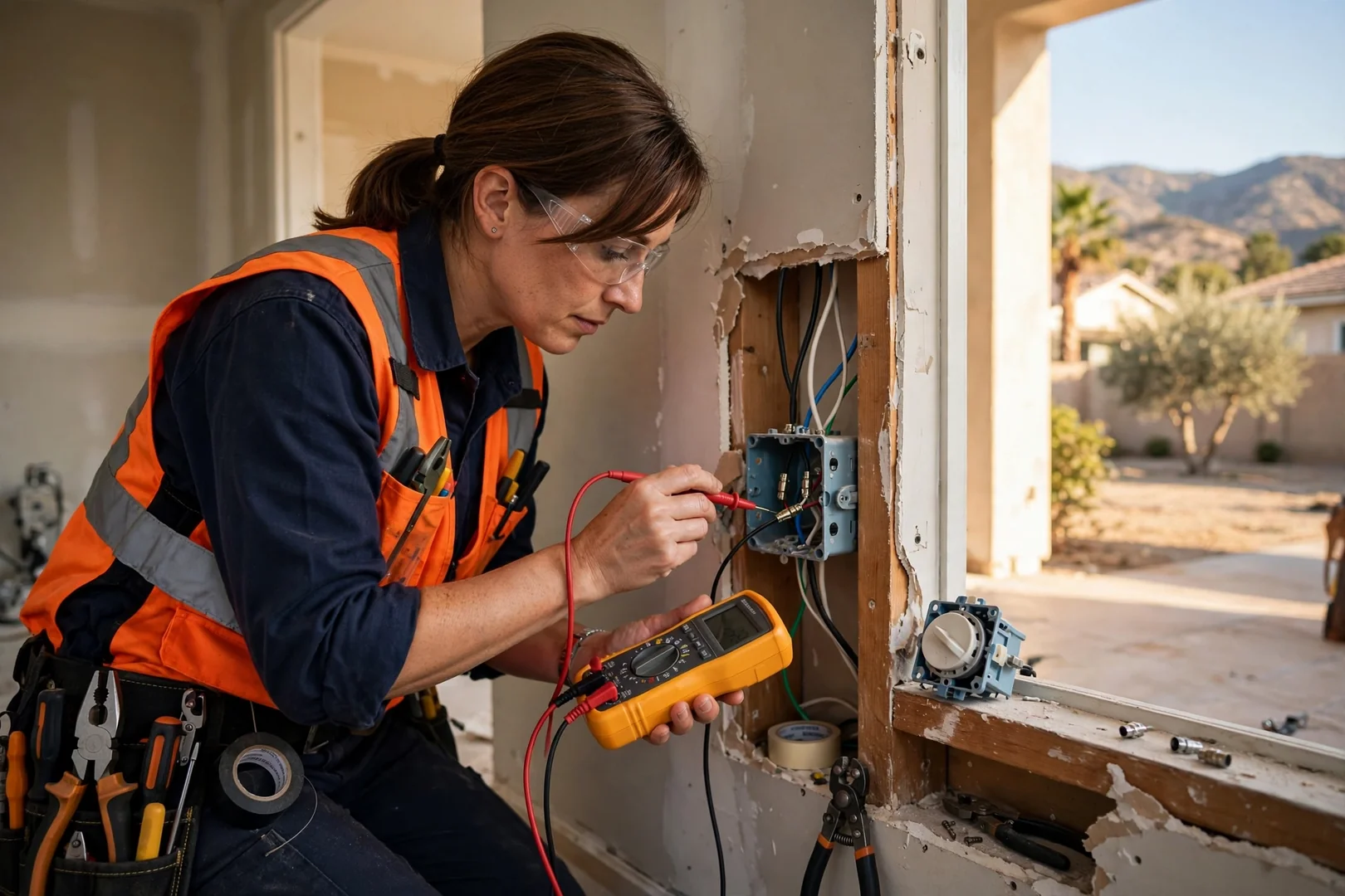 Technician testing fan speed control wiring at a wall switch during an installation