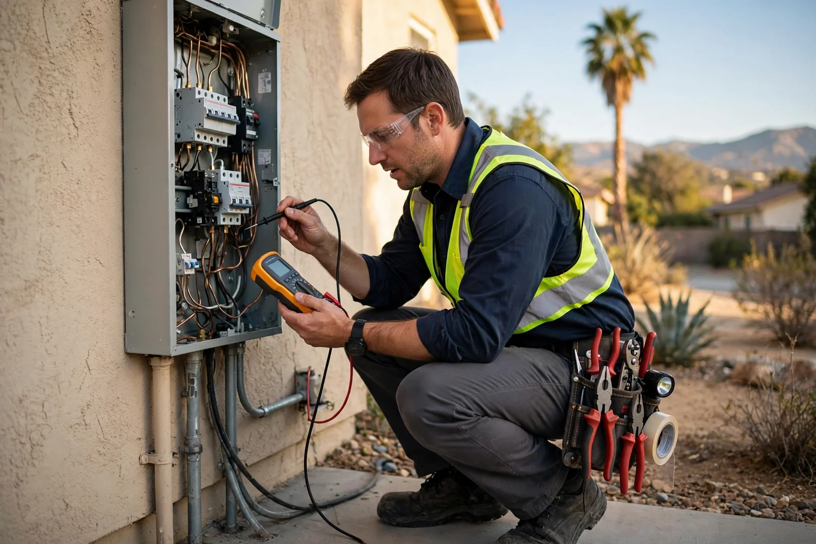 Electrician measuring amperage at an open residential service panel during breaker repair pricing assessment