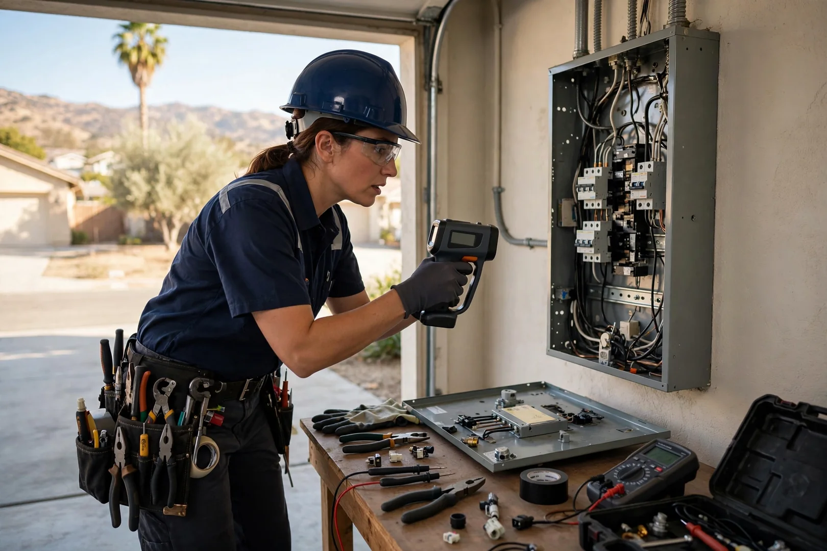 Electrician testing breaker connections inside a residential electrical panel in Fontana