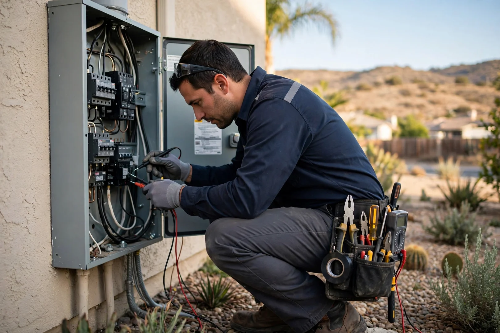 Licensed electrician testing breaker terminations inside an open residential panel in Fontana