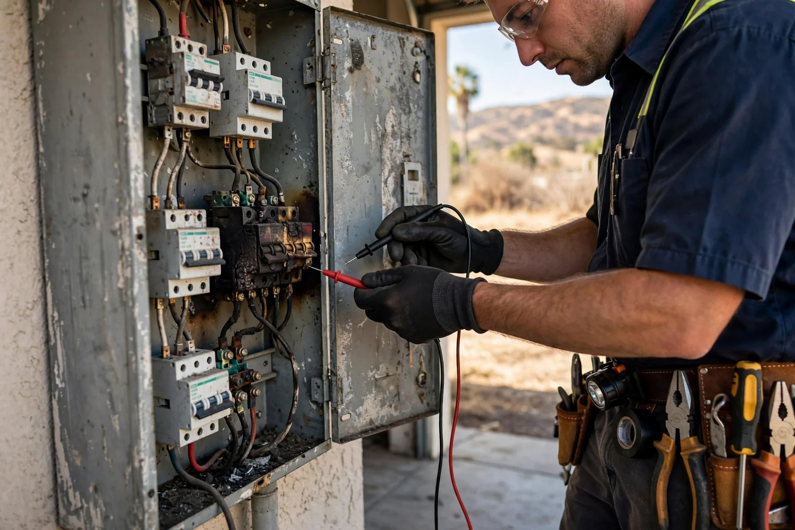 Scorched breaker and discolored terminal inside an aging electrical panel awaiting repair