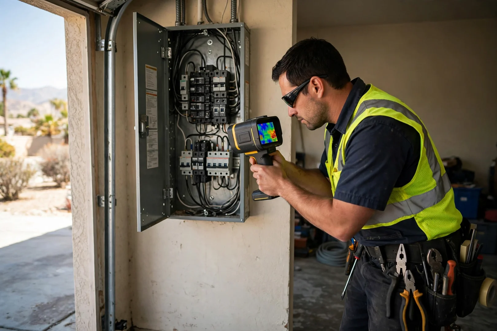Technician using thermal camera to check breaker temperatures in a Fontana home panel