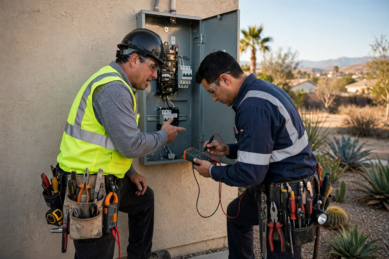 Electrician using thermal imaging to inspect a residential circuit breaker panel in Fontana