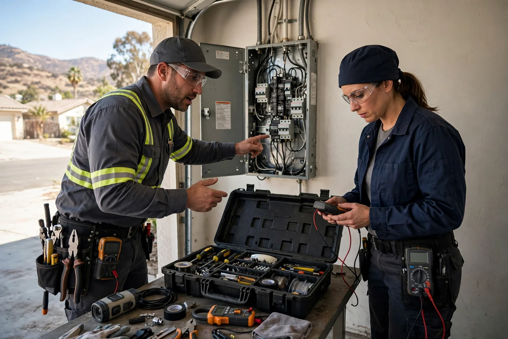 Electrician reviewing a written inspection estimate with a homeowner beside an open service panel