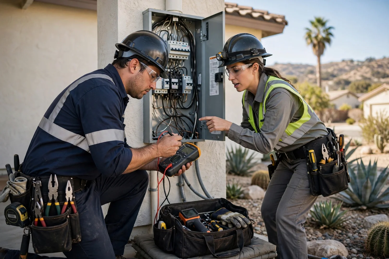 Electrician testing a residential main panel with a clamp meter during an inspection