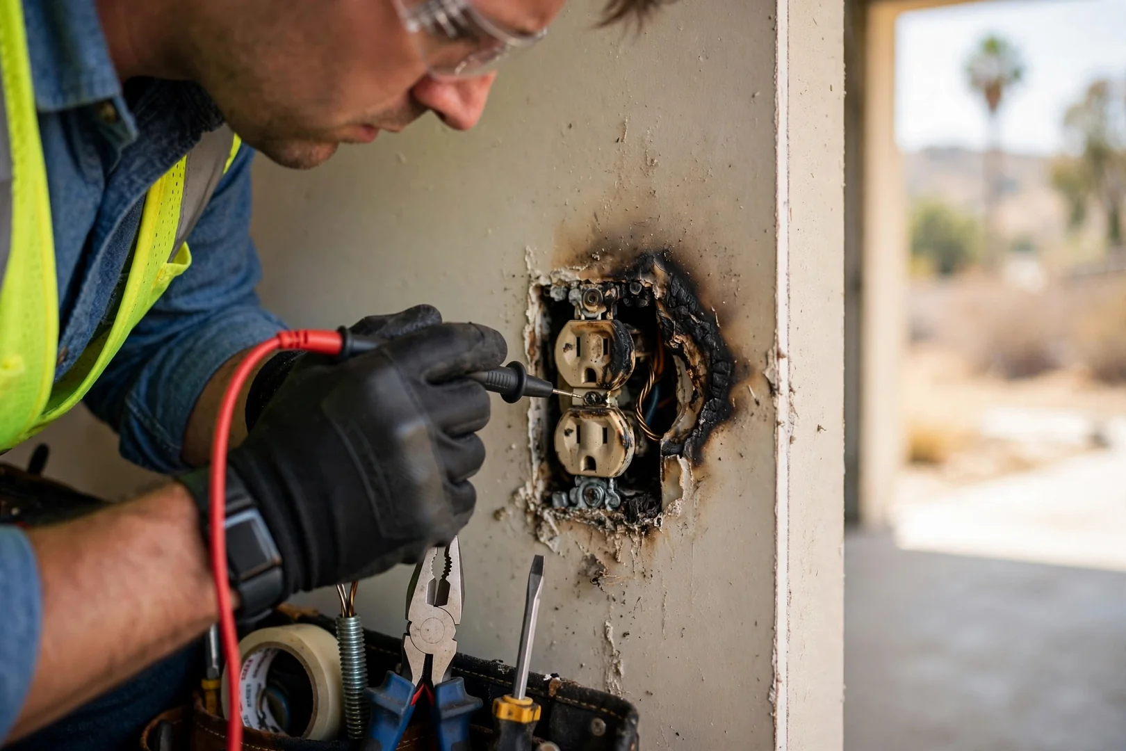 Close-up of a scorched receptacle showing arcing damage found during a home inspection