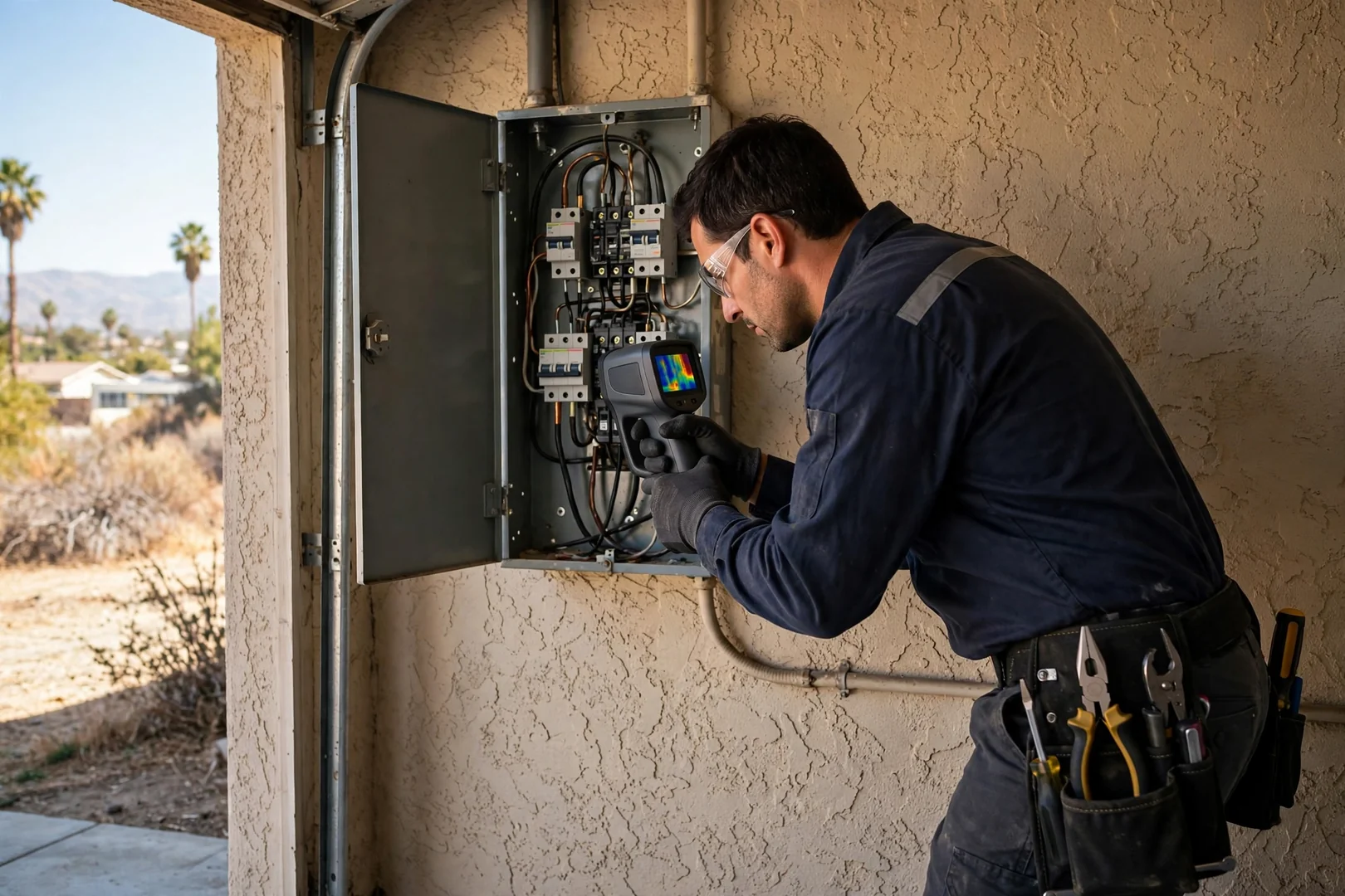 Technician using thermal imaging to check breaker terminations inside an older Fontana panel