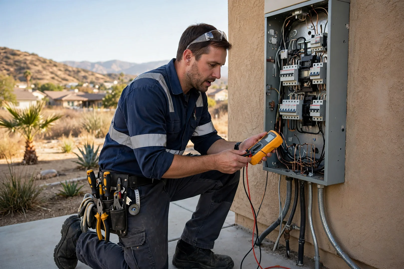 Electrician using thermal imaging to inspect a residential electrical panel in Fontana