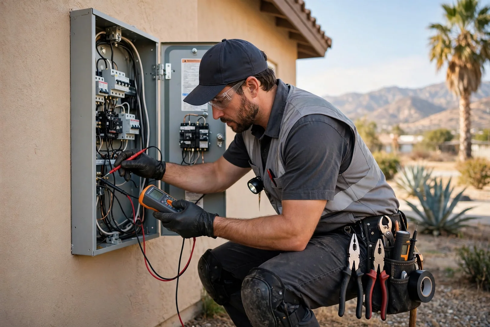 Electrician reviewing a residential service panel with a homeowner during a scheduled repair visit