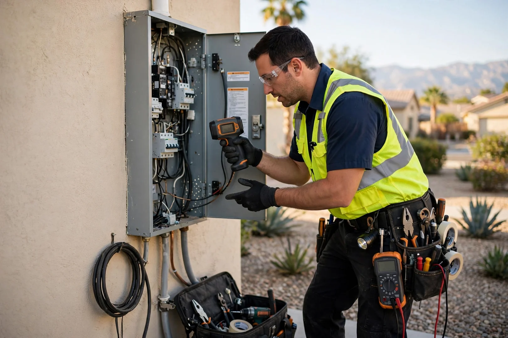 Electrician inspecting an open residential electrical panel with a voltage meter in Fontana