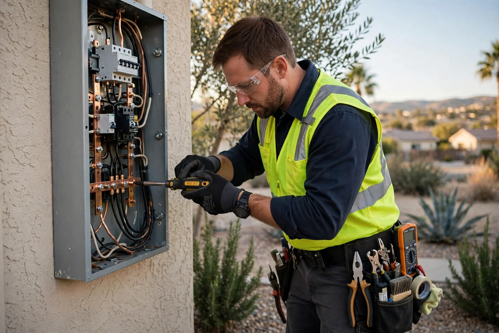Technician torque testing panel lug connections during an electrical panel repair visit