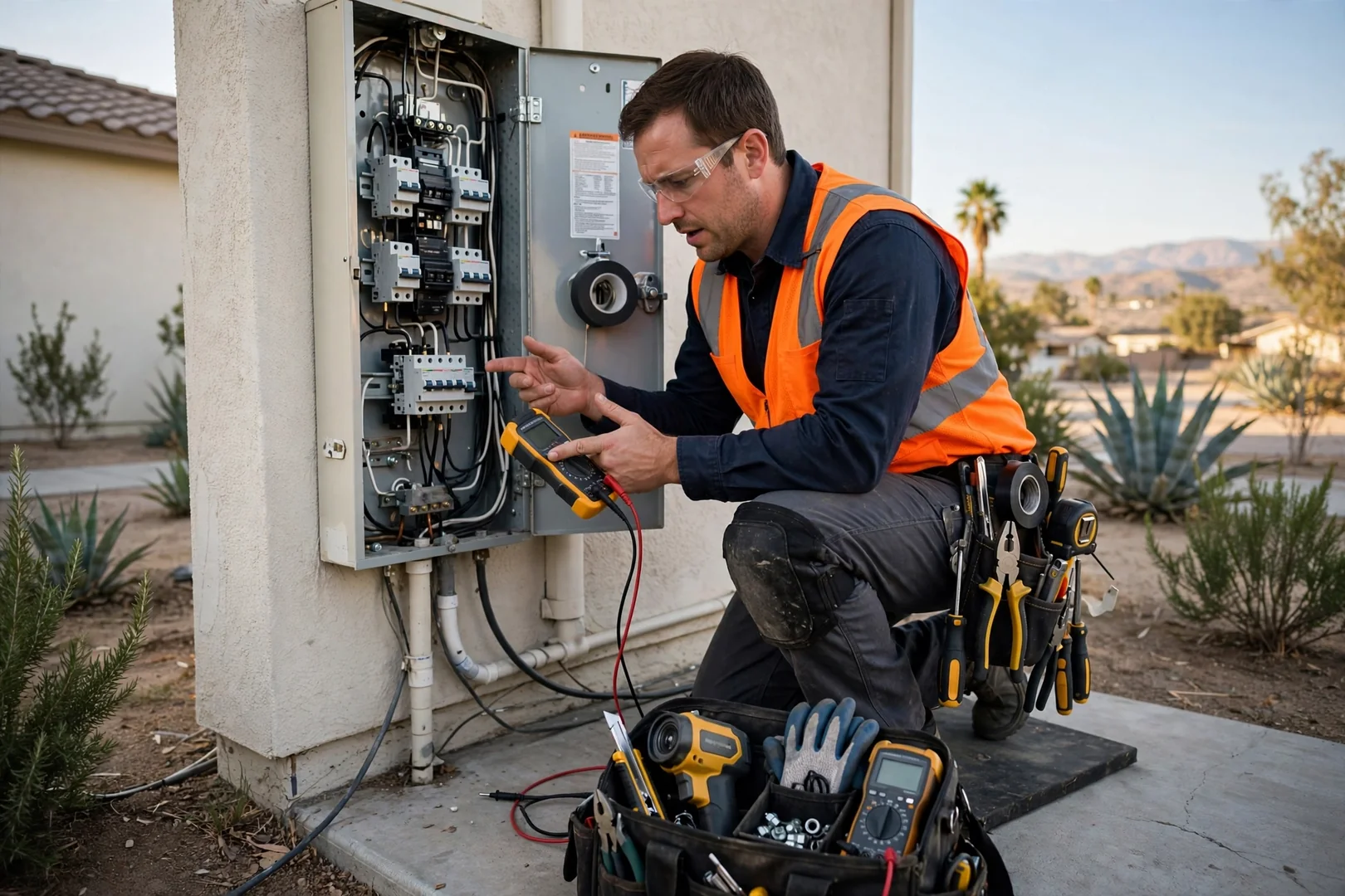 Electrician torque testing breaker terminals inside an open residential panel in Fontana