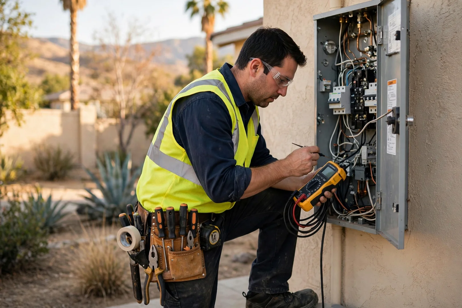 Electrician reviewing upgraded residential service panel with homeowner during a Fontana consultation