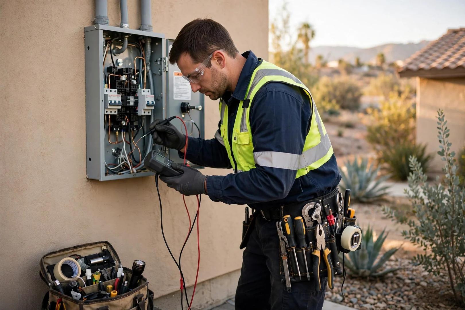 Electrician torquing breaker terminations inside a newly installed 200-amp service panel