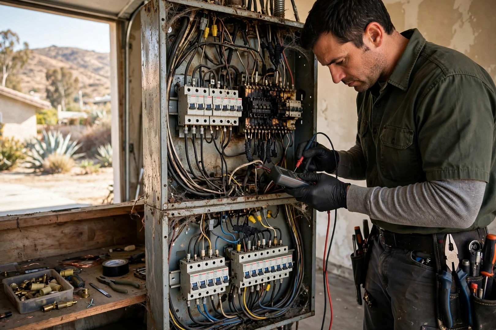 Aging split-bus breaker panel showing crowded wiring and scorched terminal marks