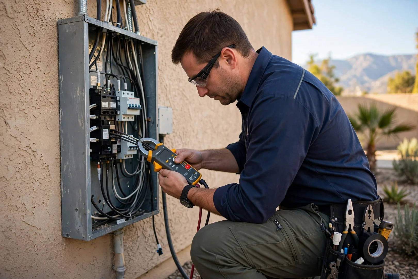 Technician using a clamp meter to measure amperage draw at a home load center