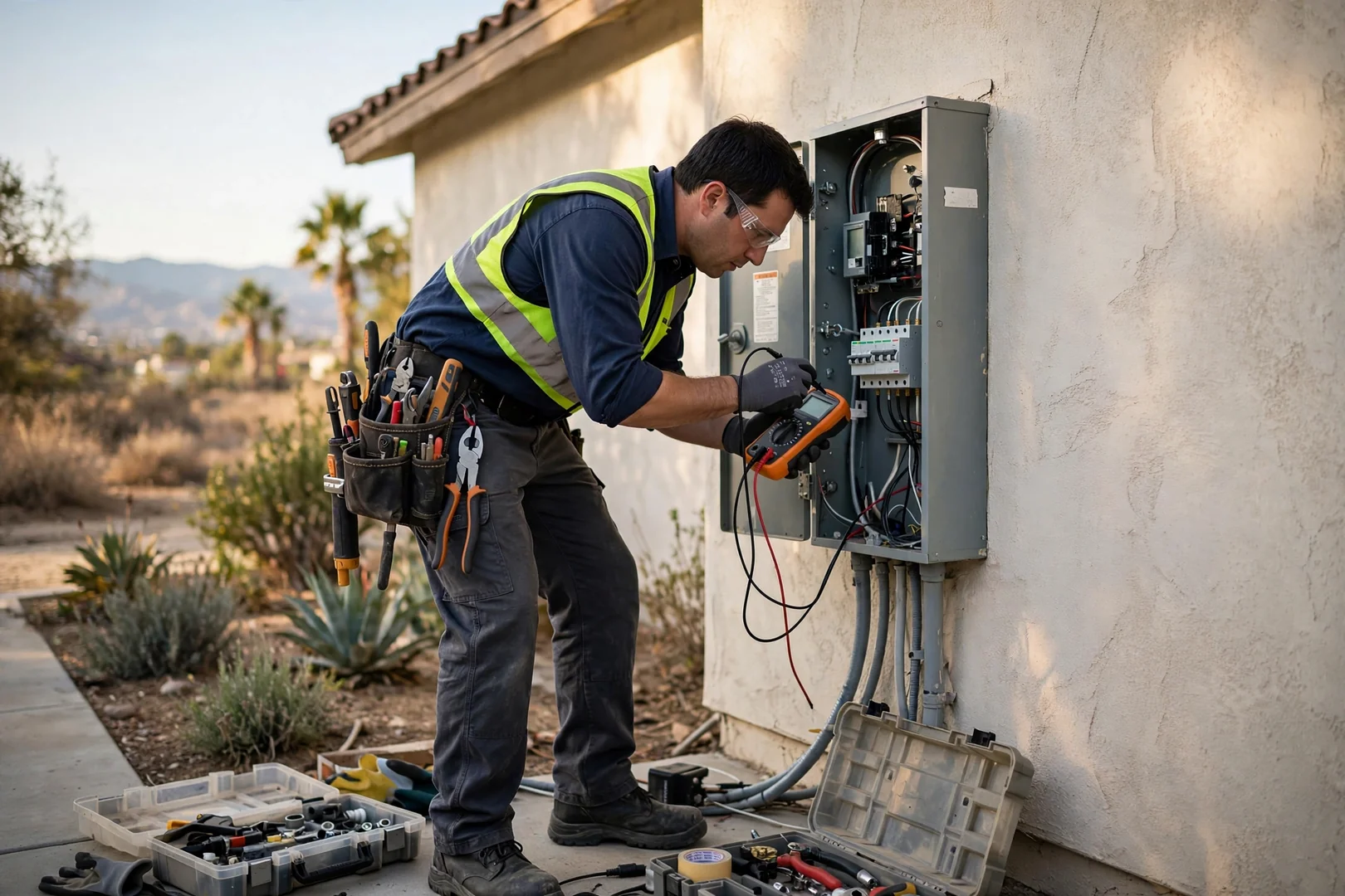 Electrician torquing breaker connections inside a newly installed residential service panel in Fontana
