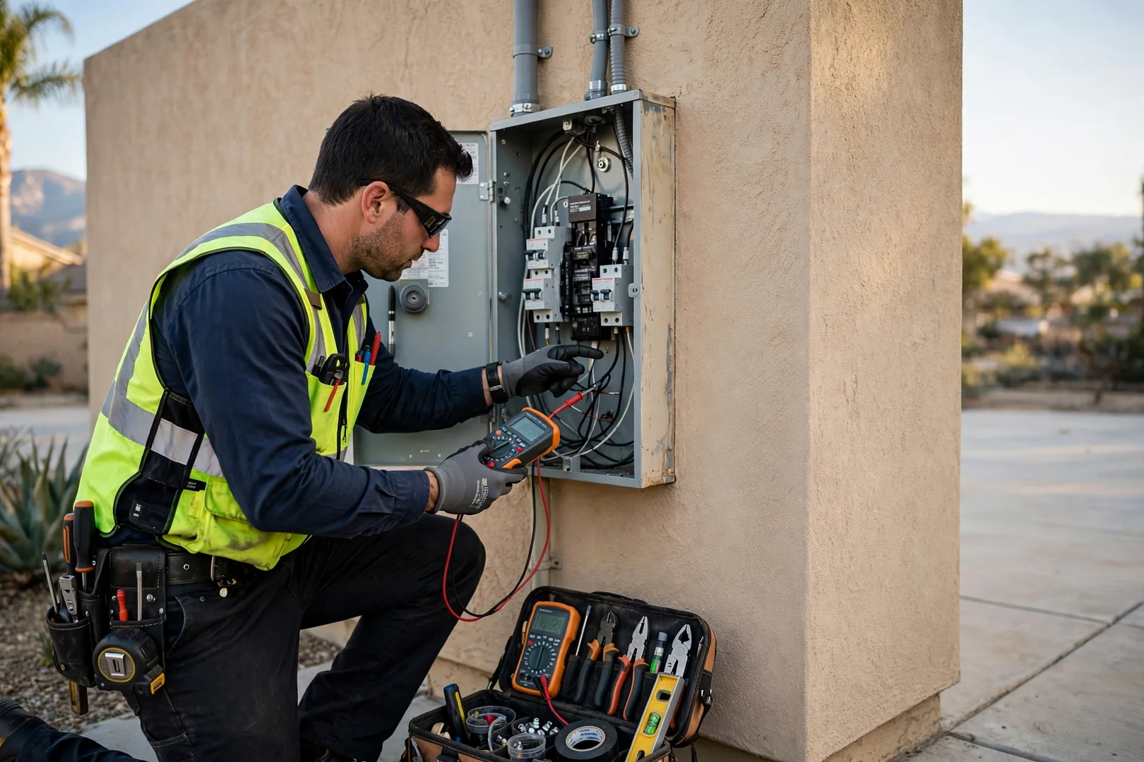 Licensed electrician testing a wall outlet with a multimeter inside a Fontana home