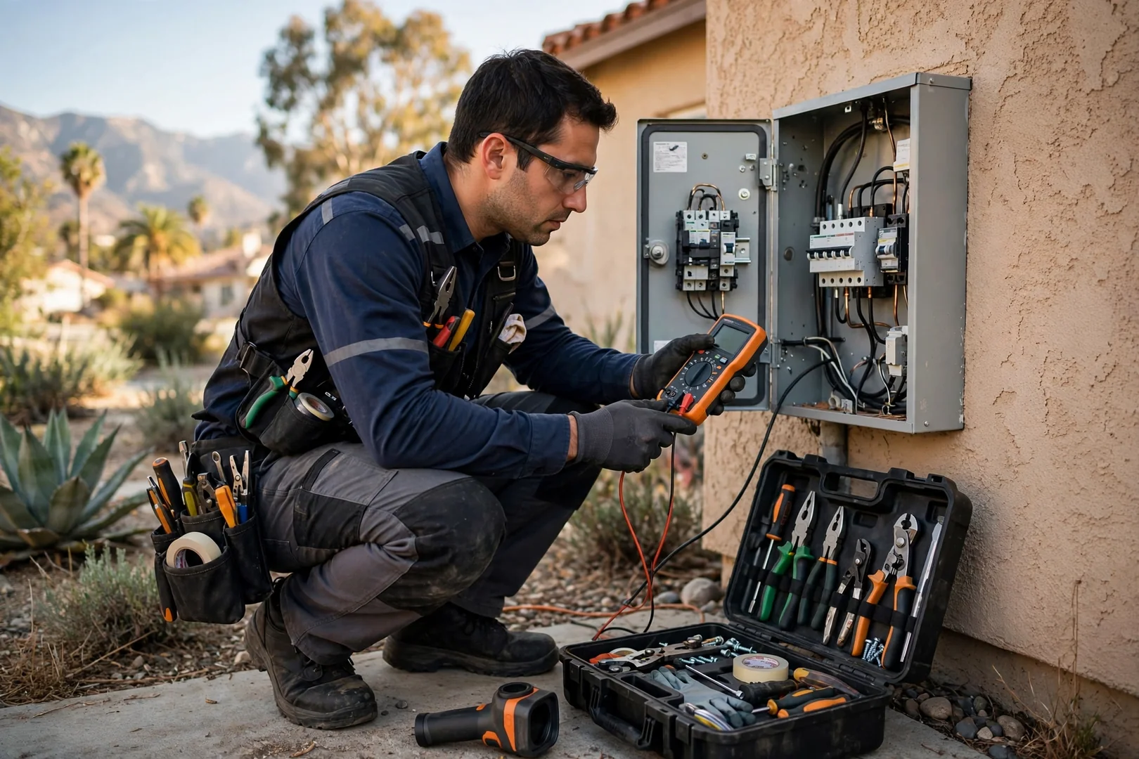 Licensed electrician testing a residential circuit with a multimeter inside a Fontana home