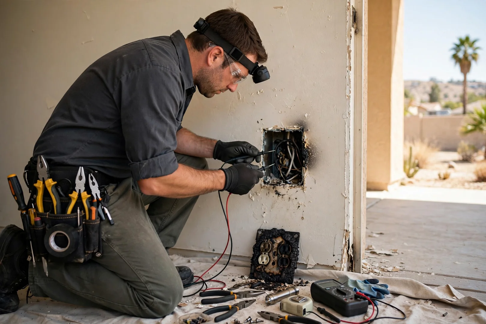 Scorched outlet faceplate removed during a diagnostic electrical repair visit in Fontana