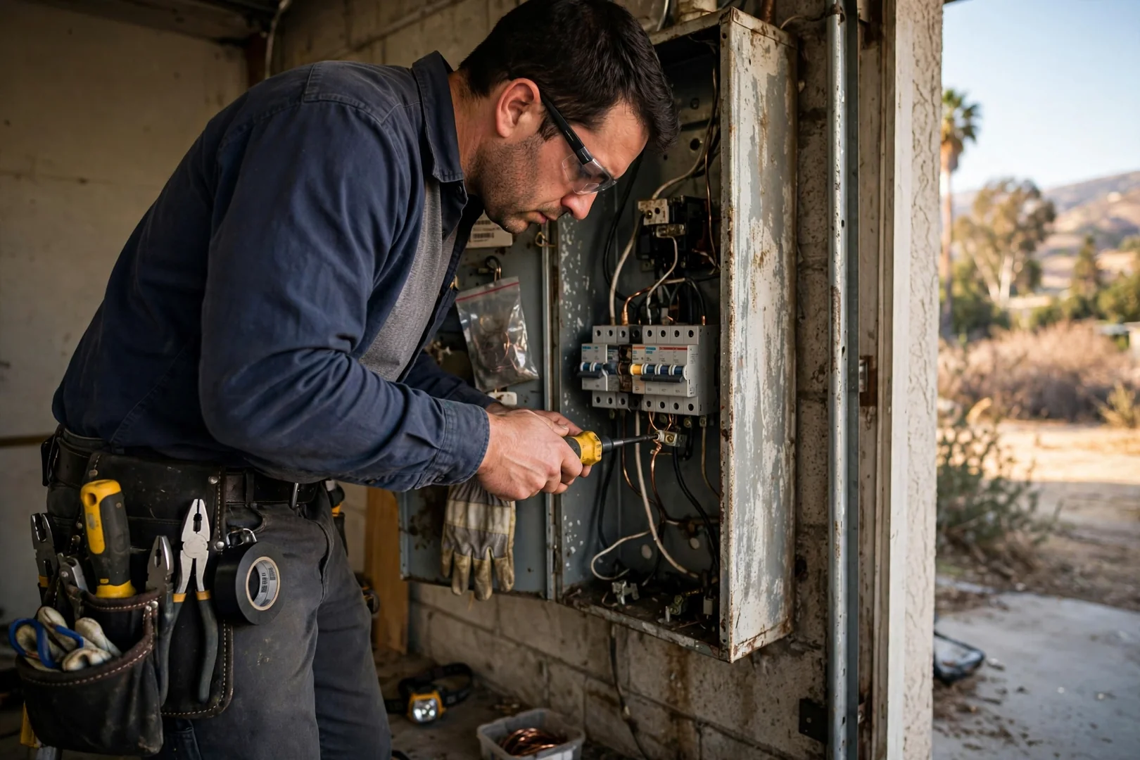 Technician inspecting loose breaker terminations inside an aging residential load center