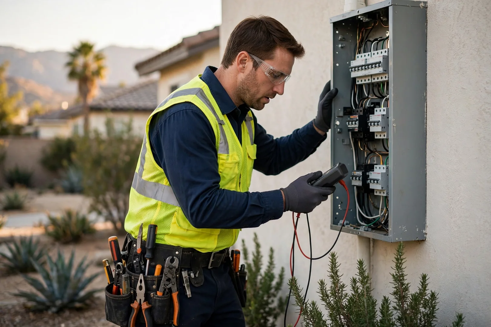 Electrician testing a repaired branch circuit with a clamp meter inside a Fontana home