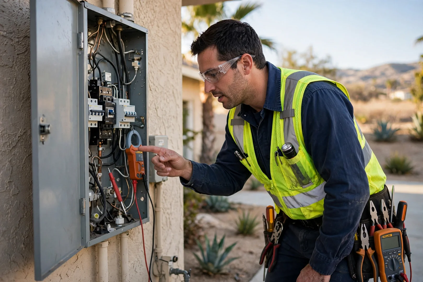 Electrician measuring circuit voltage inside an open residential electrical panel during diagnostic testing