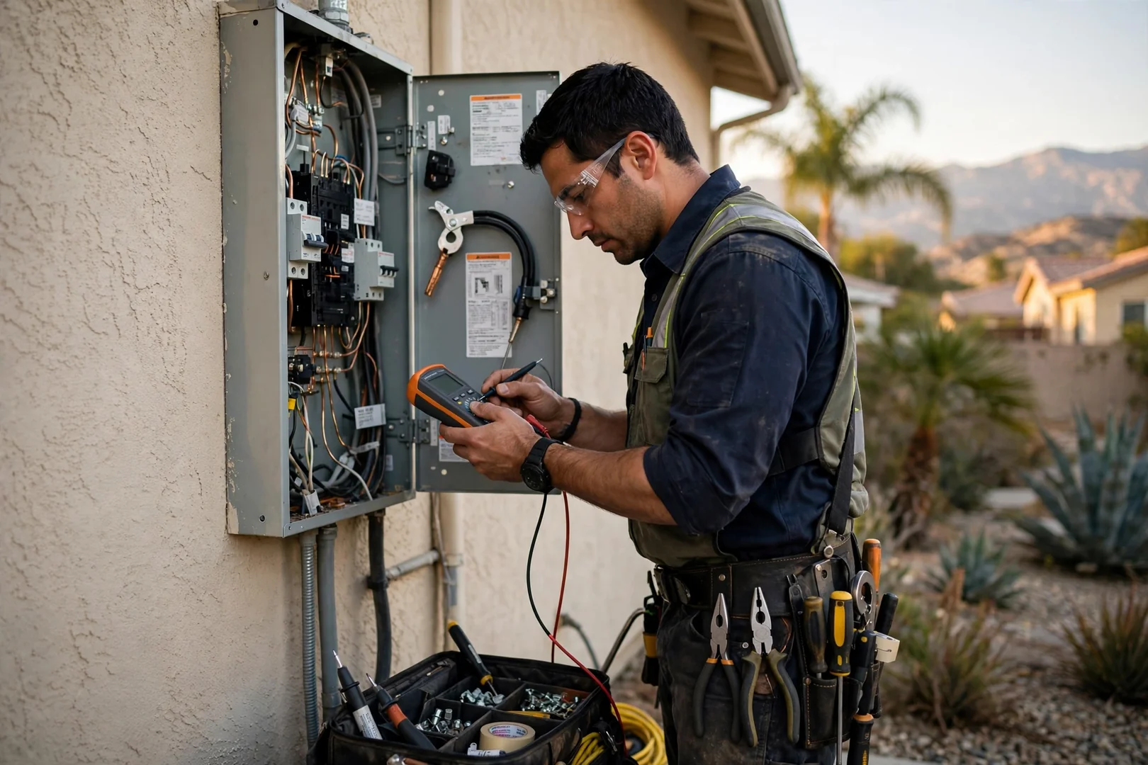 Electrician testing a residential circuit with a digital multimeter in a Fontana home