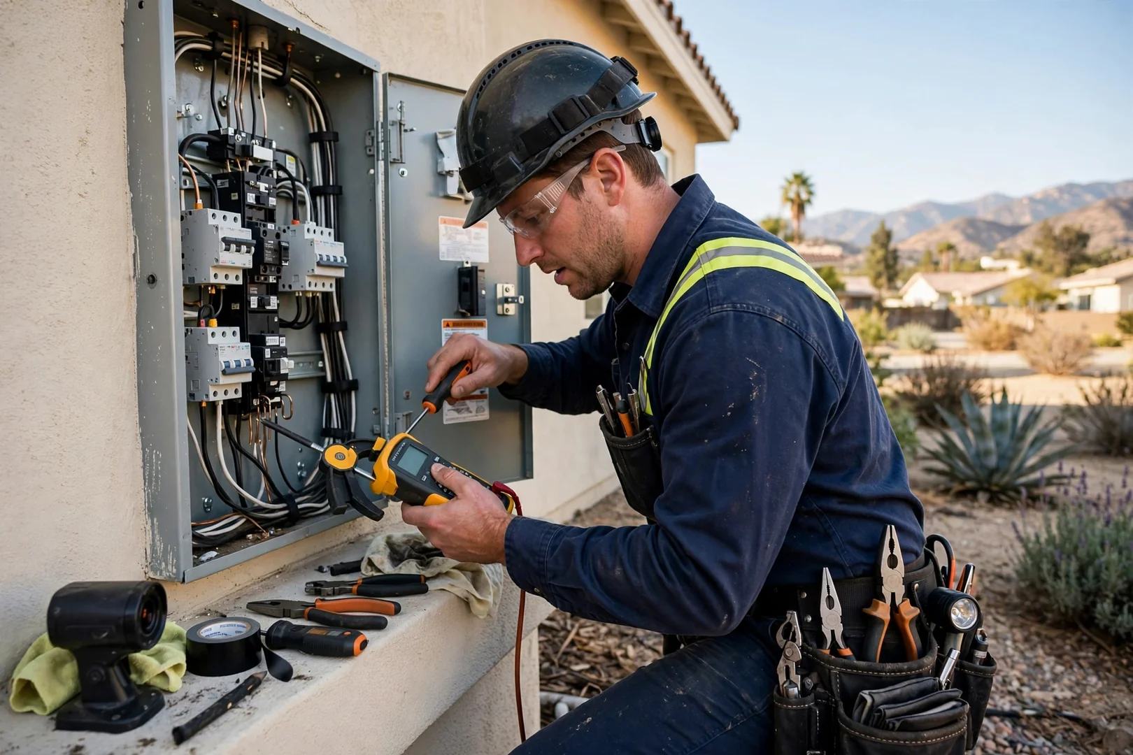 Electrician using a clamp meter to test branch circuit amperage inside a Fontana home panel