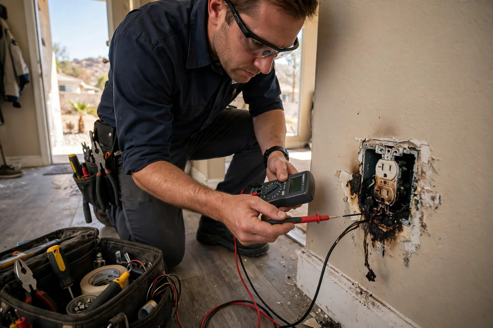 Scorched outlet terminal revealed during a residential electrical diagnostic inspection in Fontana