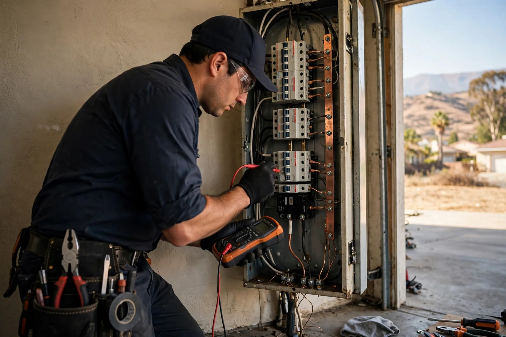 Technician inspecting tripped breaker and bus bar connections inside an older home service panel