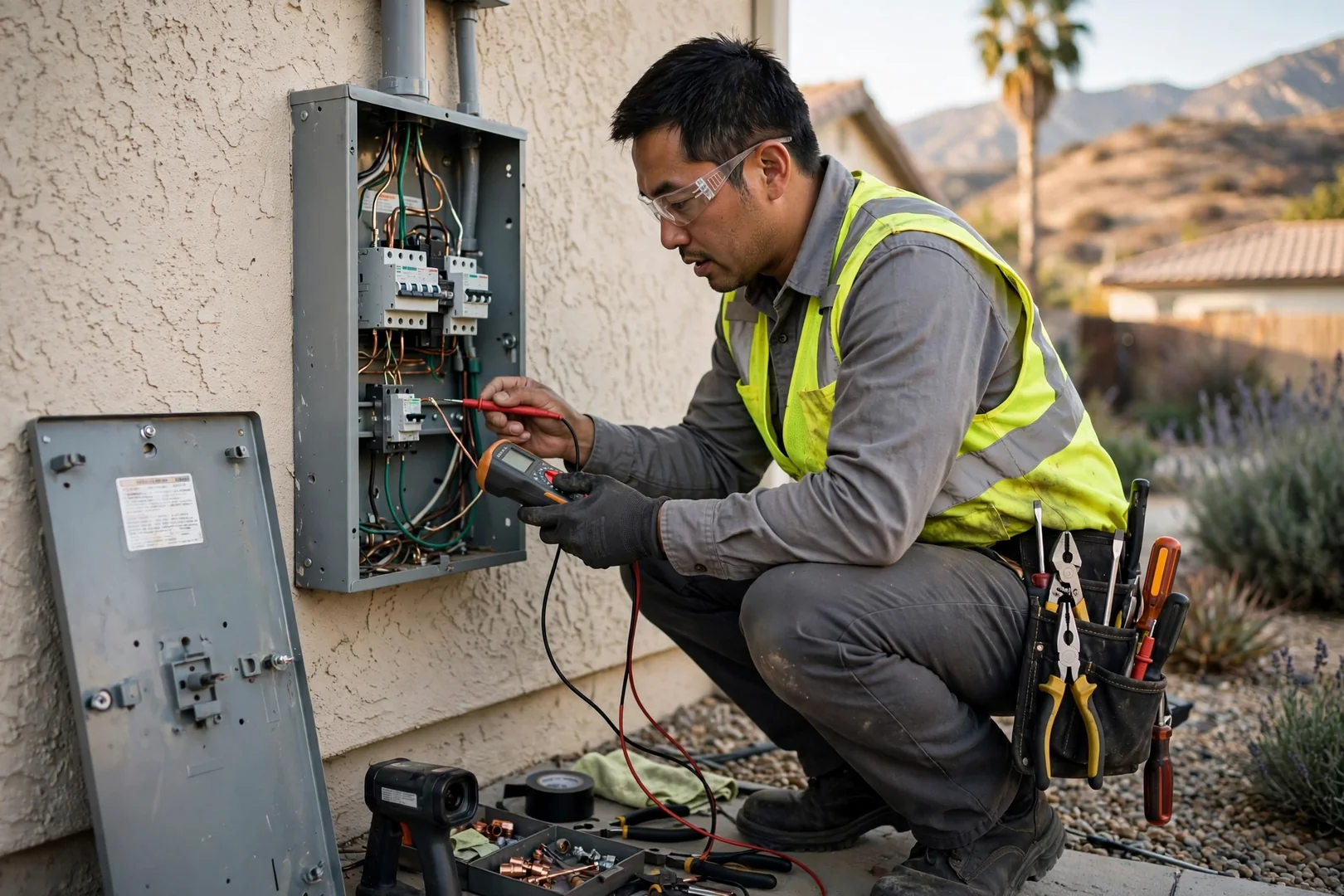 Electrician using a clamp meter to trace a faulty circuit in a Fontana home