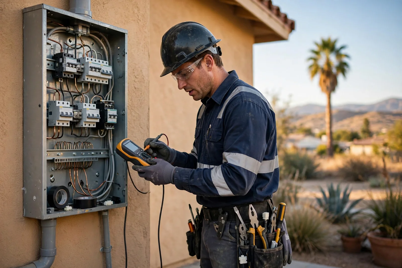 Electrician reviewing a wiring estimate with homeowners inside a Fontana living room