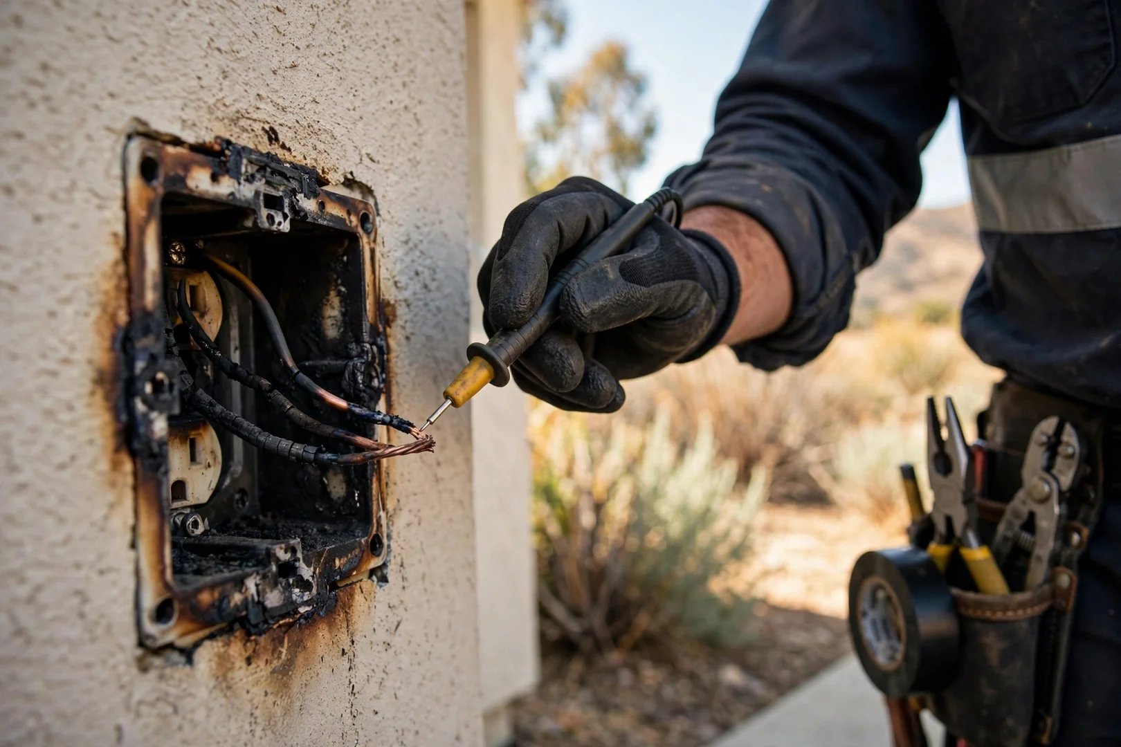 Close-up of scorched outlet and discolored conductors found during a Fontana wiring inspection