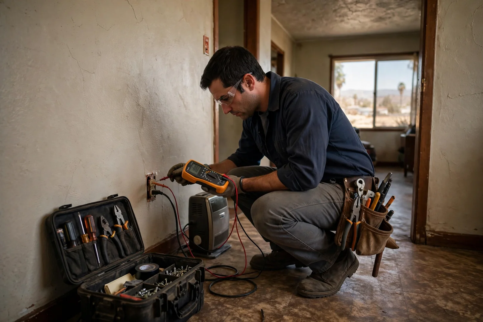 Electrician testing branch circuit voltage drop with a meter inside an older Fontana home