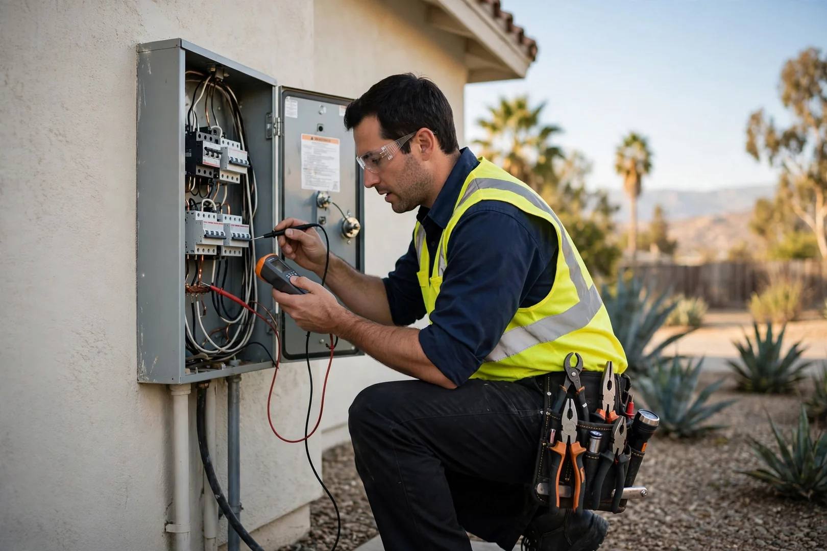 Electrician terminating labeled branch circuit conductors inside a residential panel in Fontana