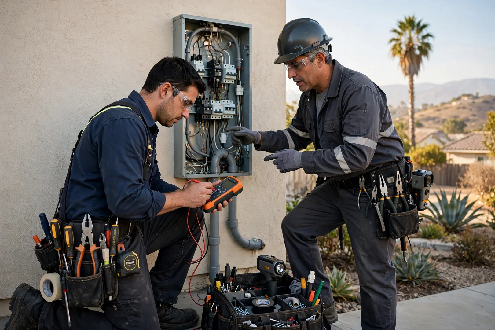 Licensed electrician testing a residential service panel during a scheduled Fontana appointment