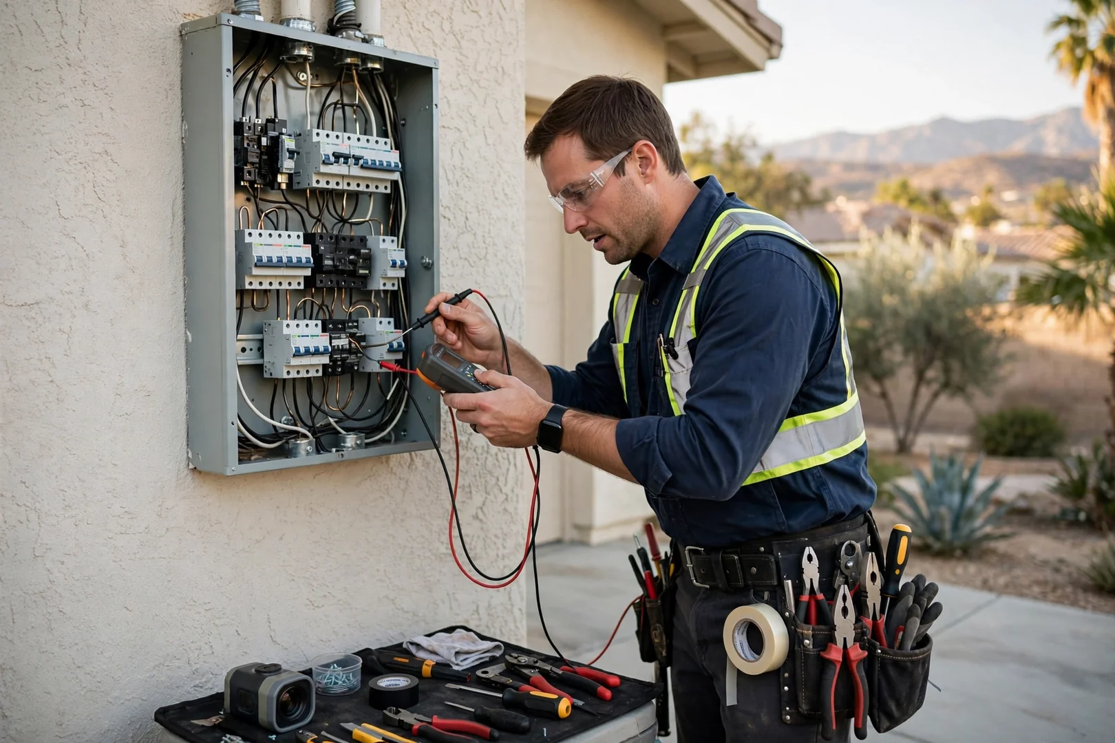 Electrician reviewing a written estimate with a homeowner beside an open electrical panel