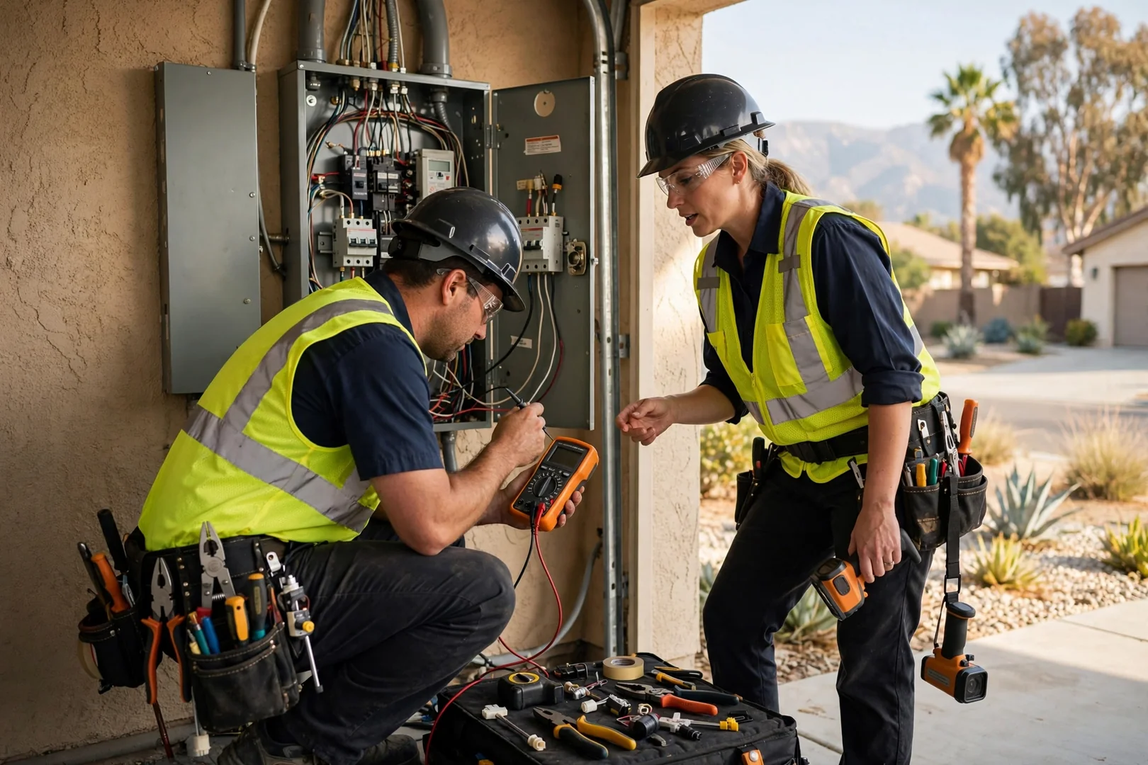 Electrician using a clamp meter to test panel circuits inside a Fontana home