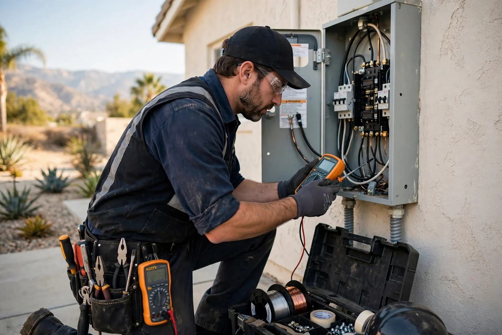 Licensed electrician reviewing a written estimate with a homeowner beside an open service panel