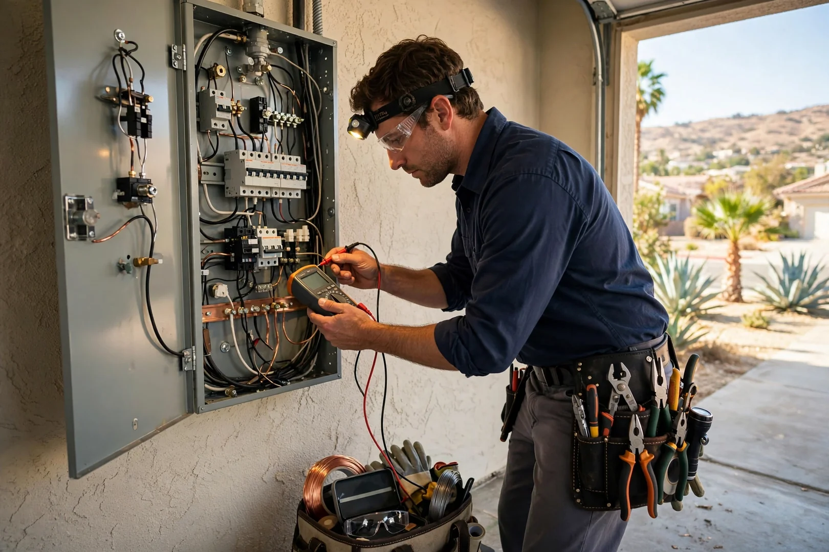 Electrician testing a residential breaker panel with a clamp meter inside a Fontana home