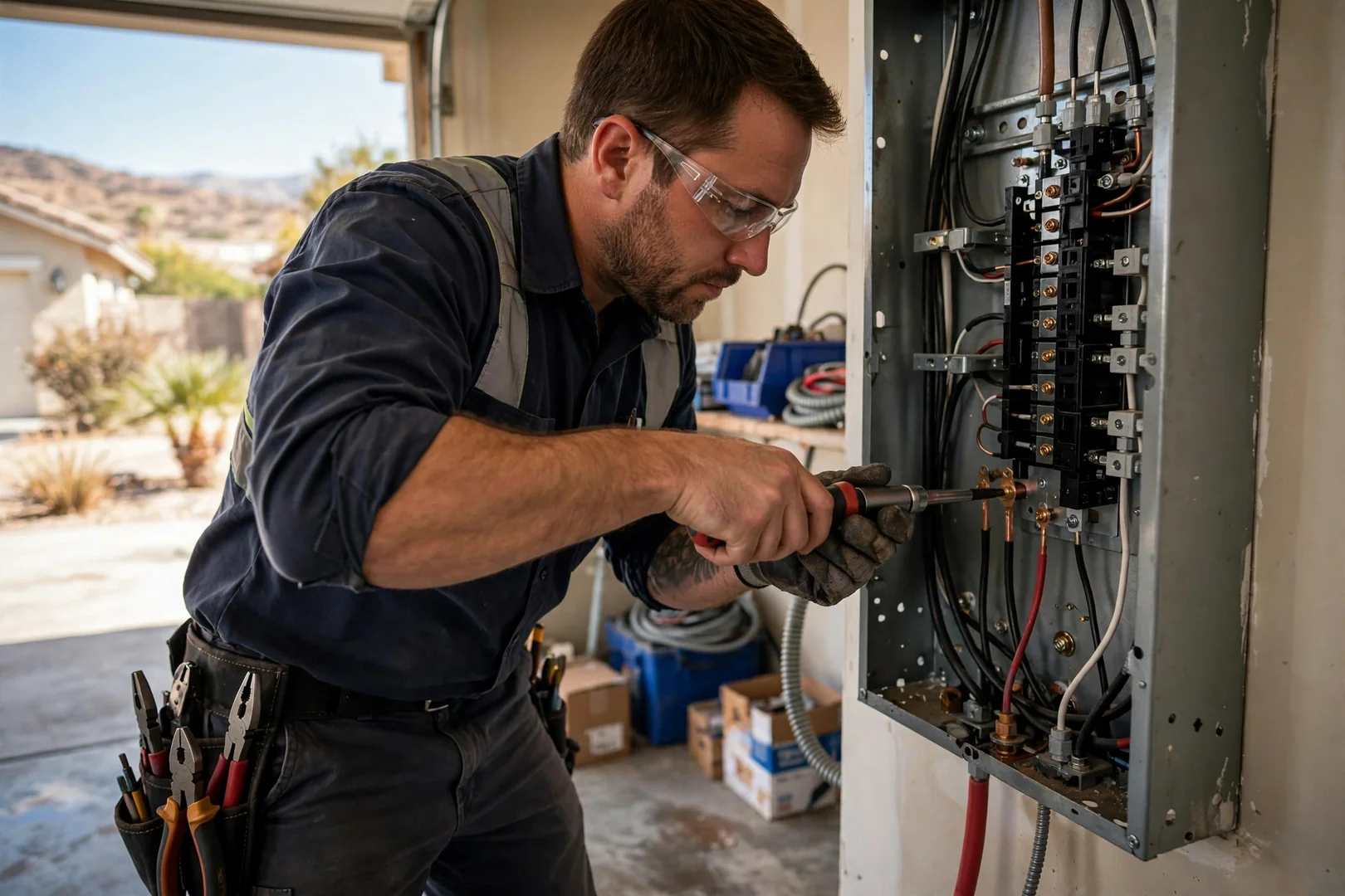 Electrician torquing panel terminals with insulated tools during a Fontana service upgrade