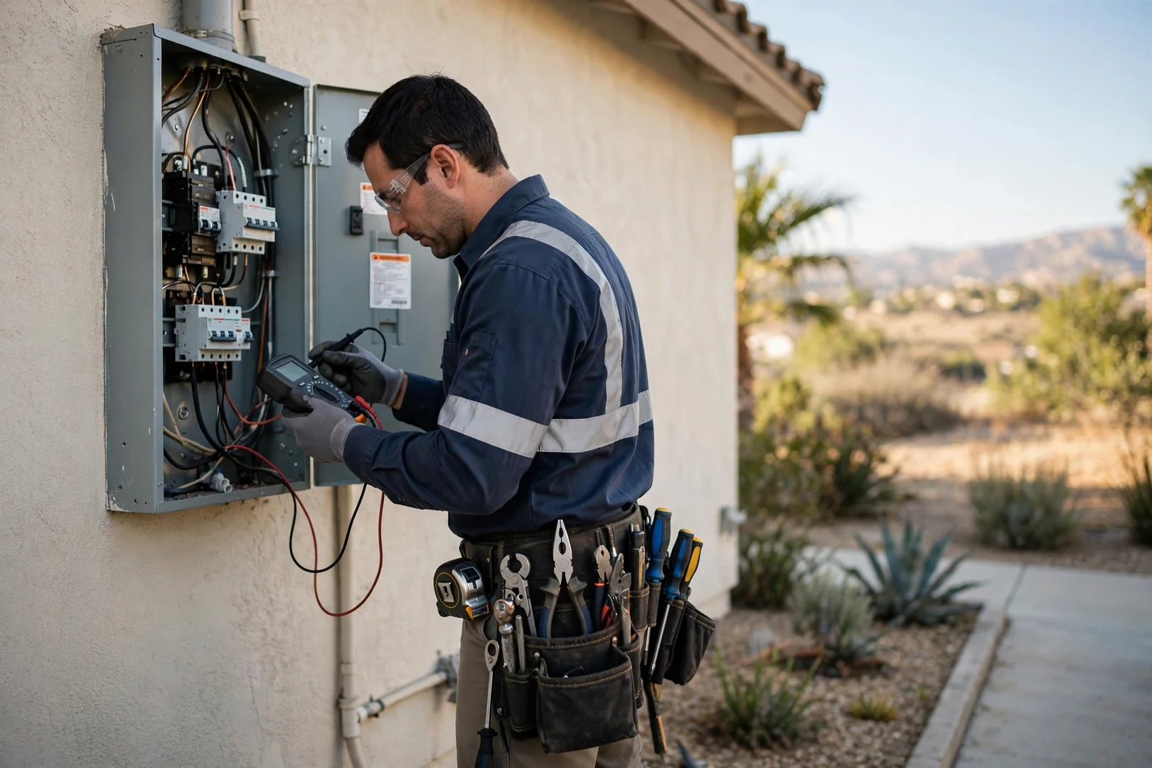 Licensed electrician testing a residential circuit panel during an emergency service call in Fontana