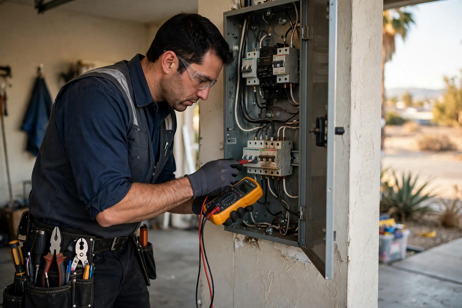 Technician inspecting a tripped circuit breaker inside an older Fontana home load center