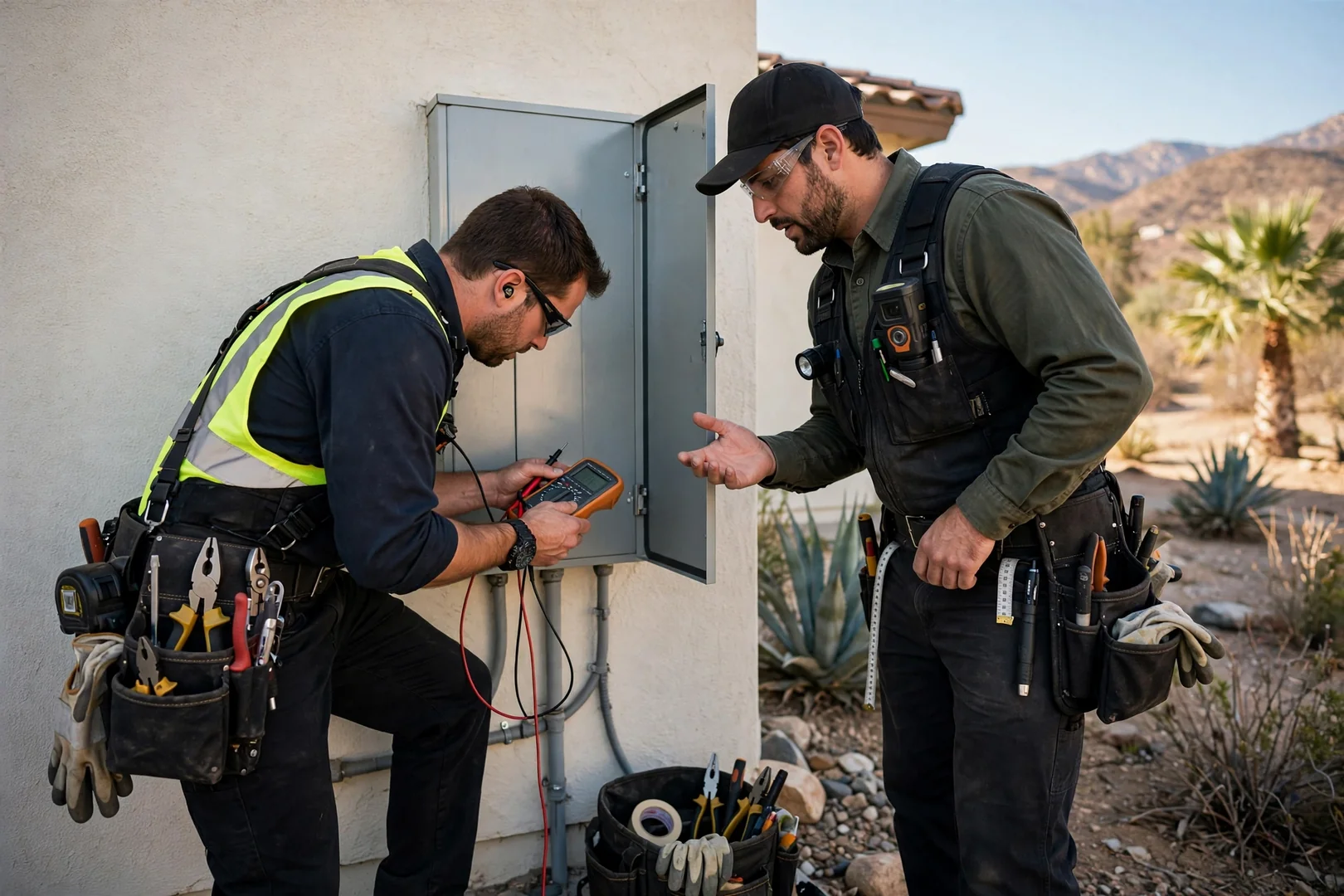 Licensed electrician testing panel connections with a clamp meter during an emergency service call