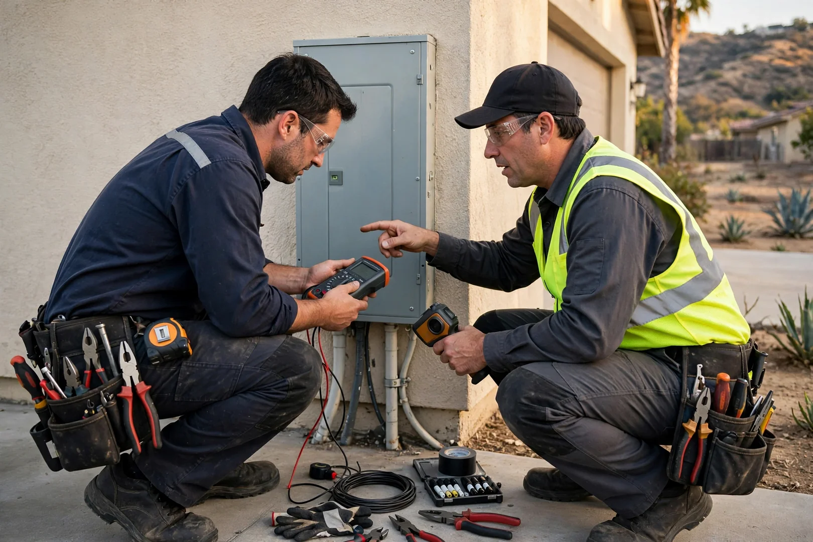 Electrician measuring conduit run from service panel to garage wall for EV charger circuit