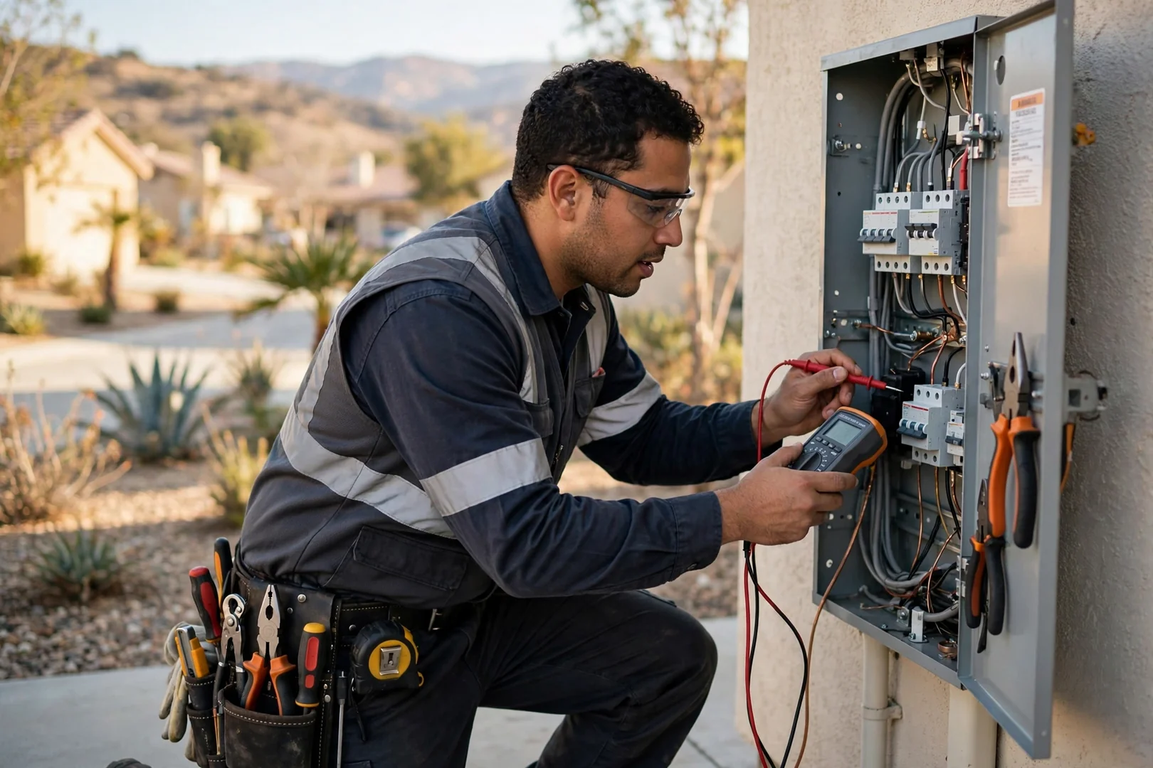 Electrician mounting a level 2 EV charger beside a residential garage panel in Fontana