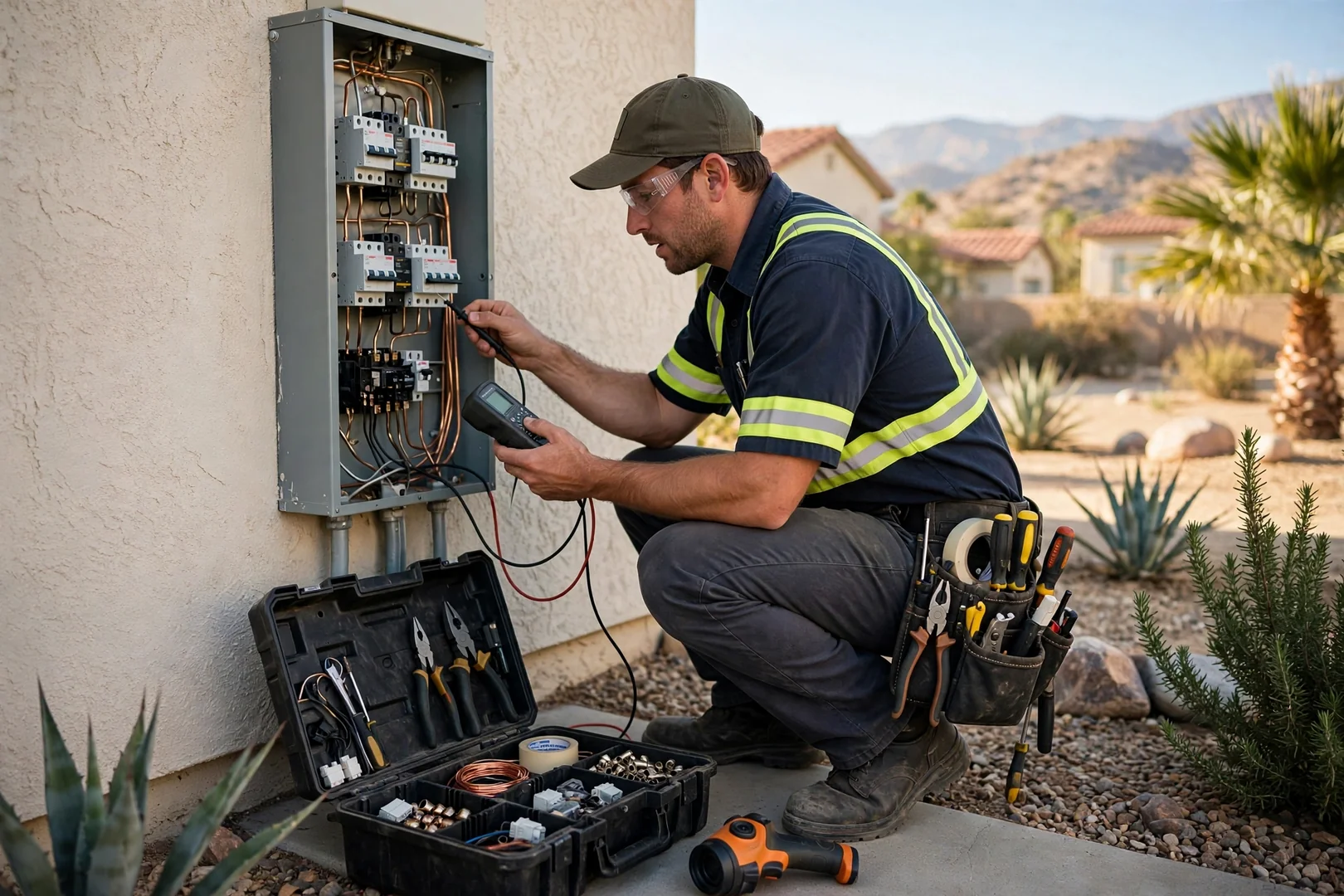 Electrician mounting a Level 2 EV charger on a Fontana home garage wall