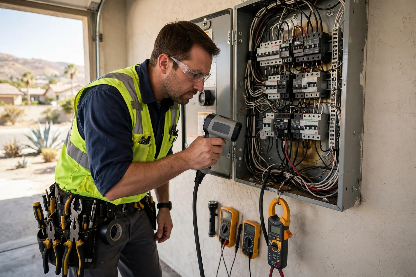 Overloaded residential load center inspected before adding a dedicated EV charging circuit